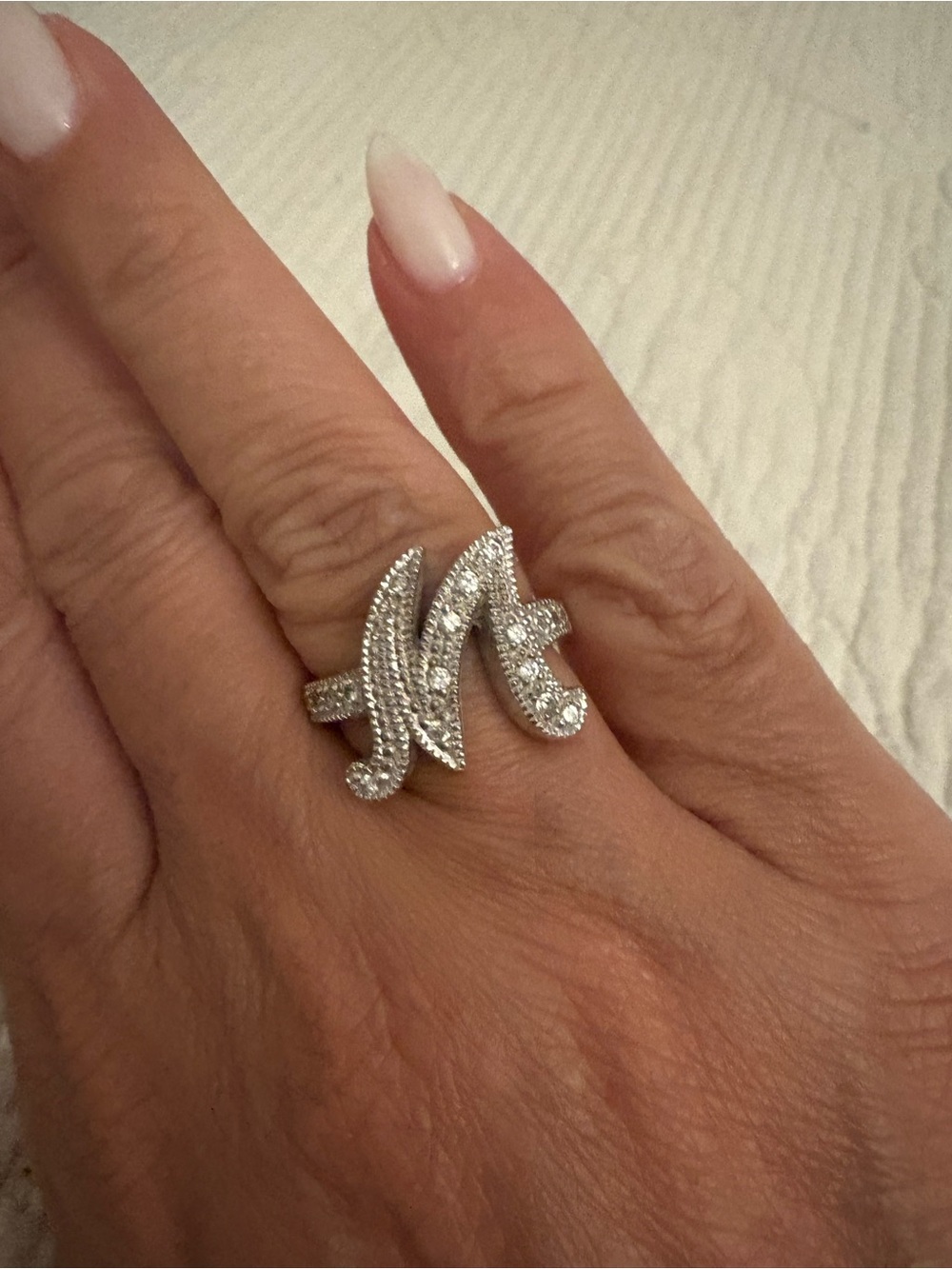 Sterling Silver 925 “M” Initial Ring – CZ Pavé Script Letter Ring Size 6